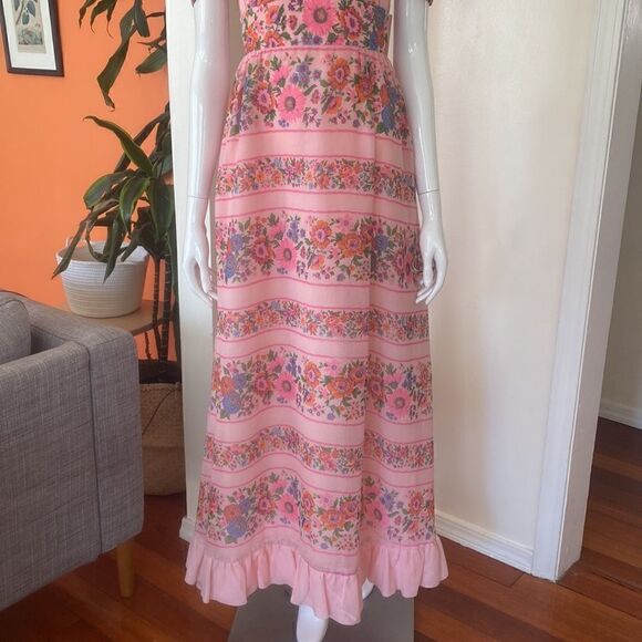 Vintage Pink Floral Victorian Style High Neck Maxi Dress Size Small - Picture 4 of 16